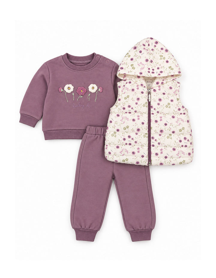 Baby Girls 3-Piece Winter Outfit with Floral Hooded Vest and Sweatshirt Purple and White at Zubaidas