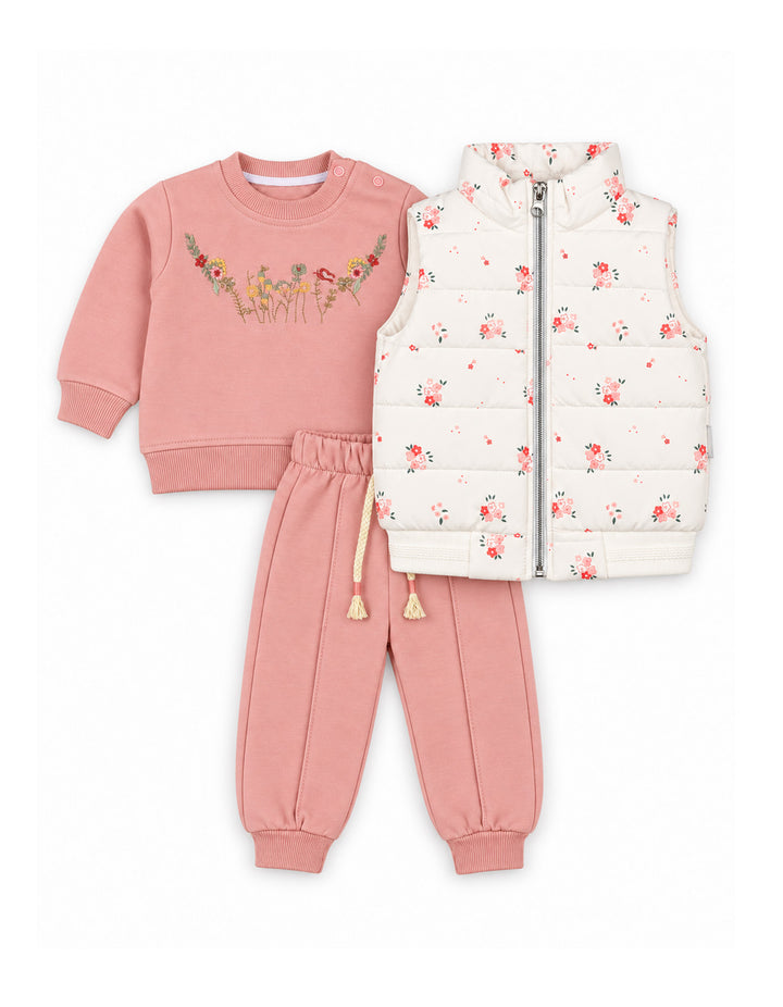 Baby Girls 3-Piece Winter Outfit with Floral Puffer Vest and Sweatshirt at Zubaidas