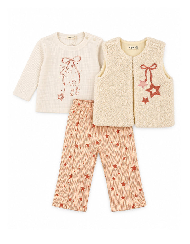 Baby Girls 3 Piece Winter Outfit with Plush Vest and Star Pattern at Zubaidas