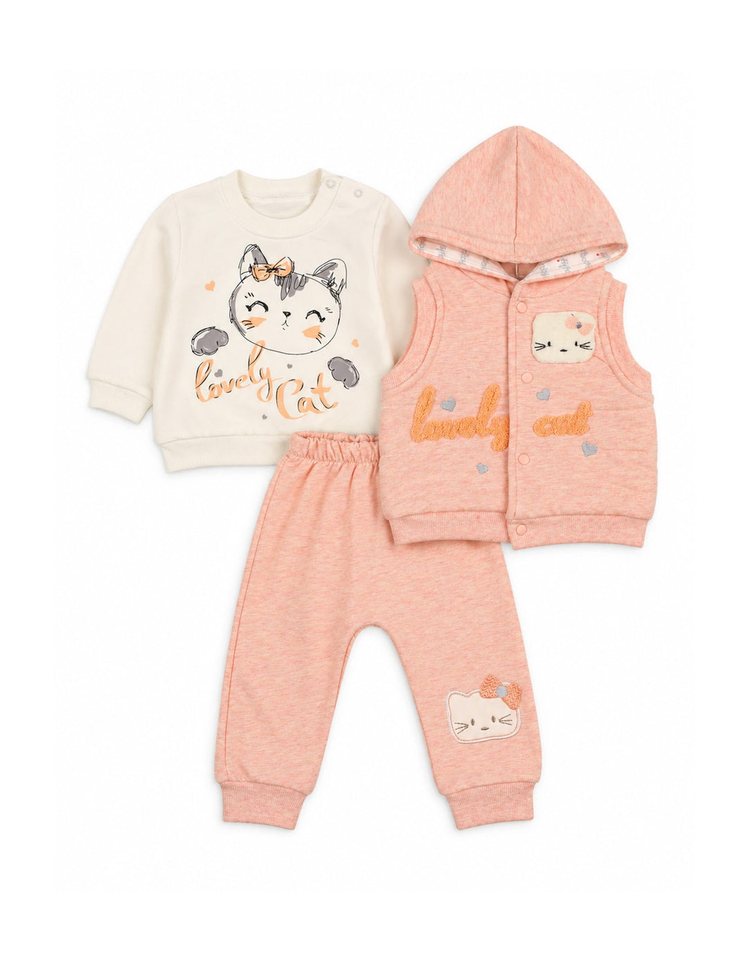 Baby Girls 3-Piece Winter Suit Set with Lovely Cat Hooded Vest and Sweatshirt Peach and White at Zubaidas