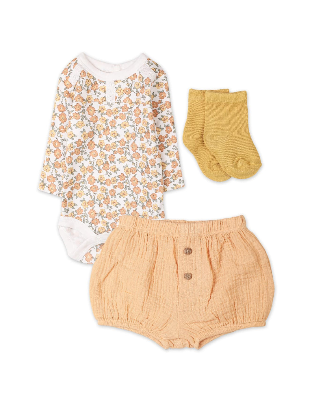 Baby Girls 3 Pieces Suit Bambies Floral Peach and Mustard at Zubaidas