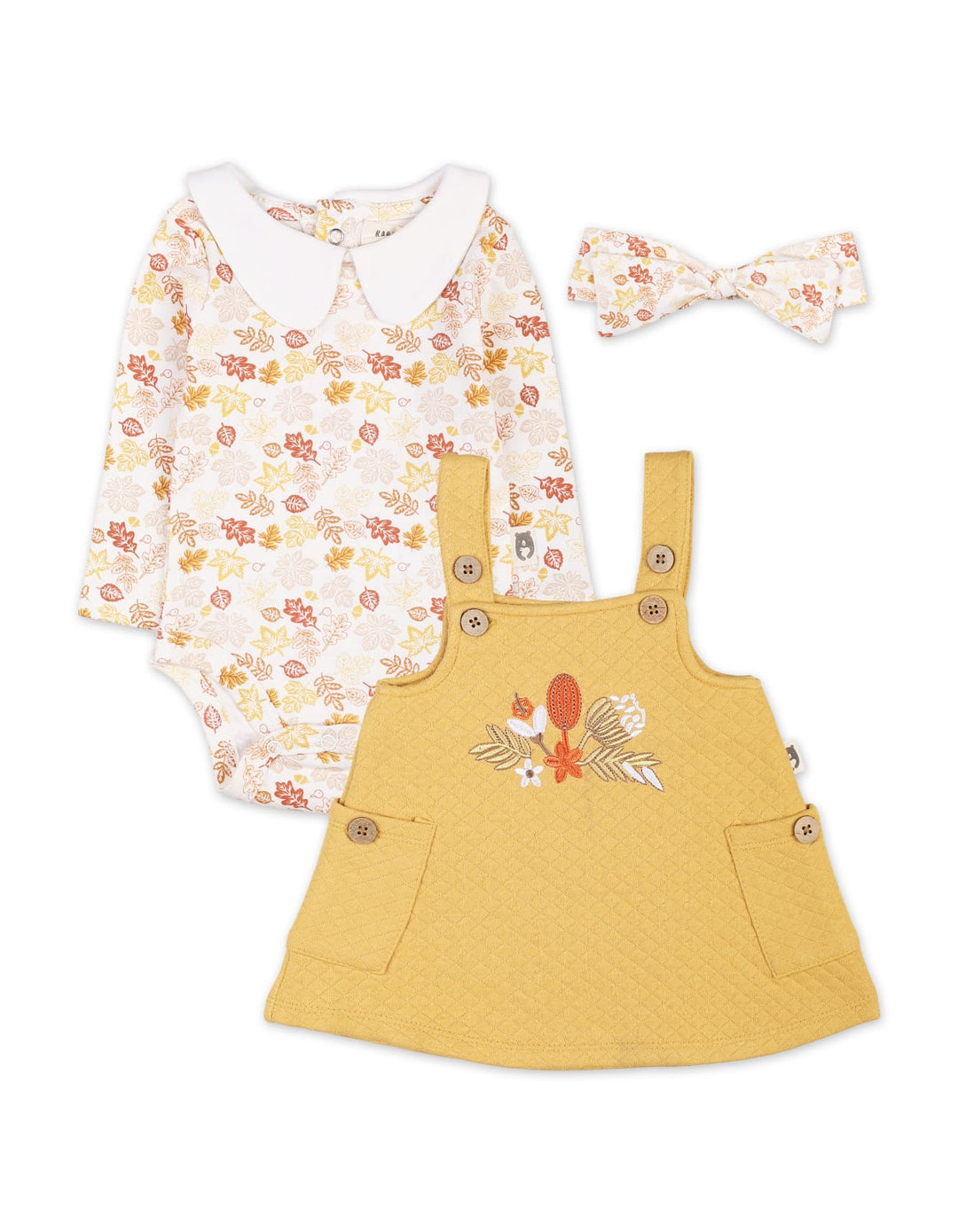 Baby Girls 3 Pieces Winter Pinafore Dress Set Bambies Floral Mustard at Zubaidas