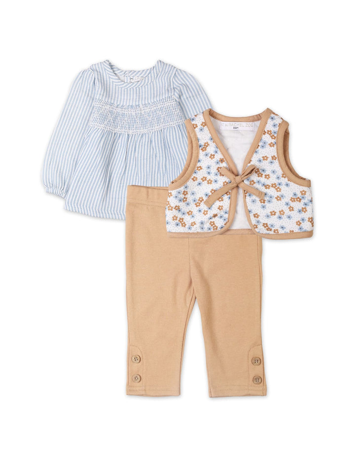 Baby Girls 3 Pieces Winter Suit Sets Bambies Floral Light Brown and Blue at Zubaidas