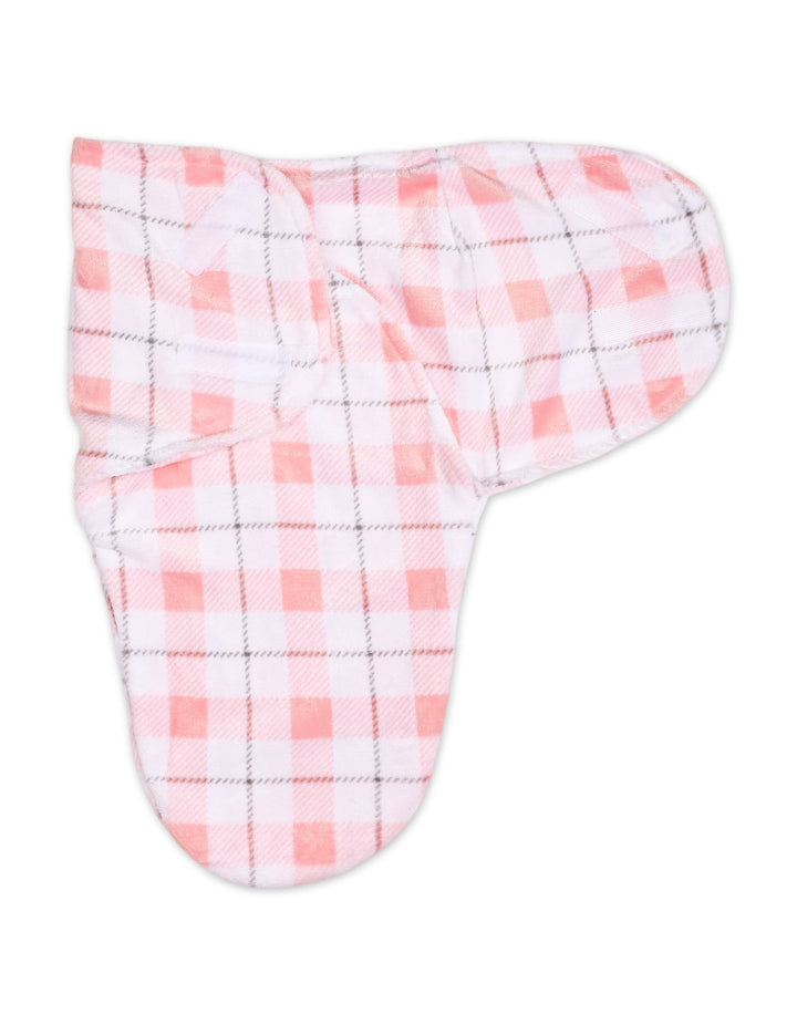 Baby Girls Plush Swaddle Wrap with Velcro Closure Plaid Pattern at Zubaidas