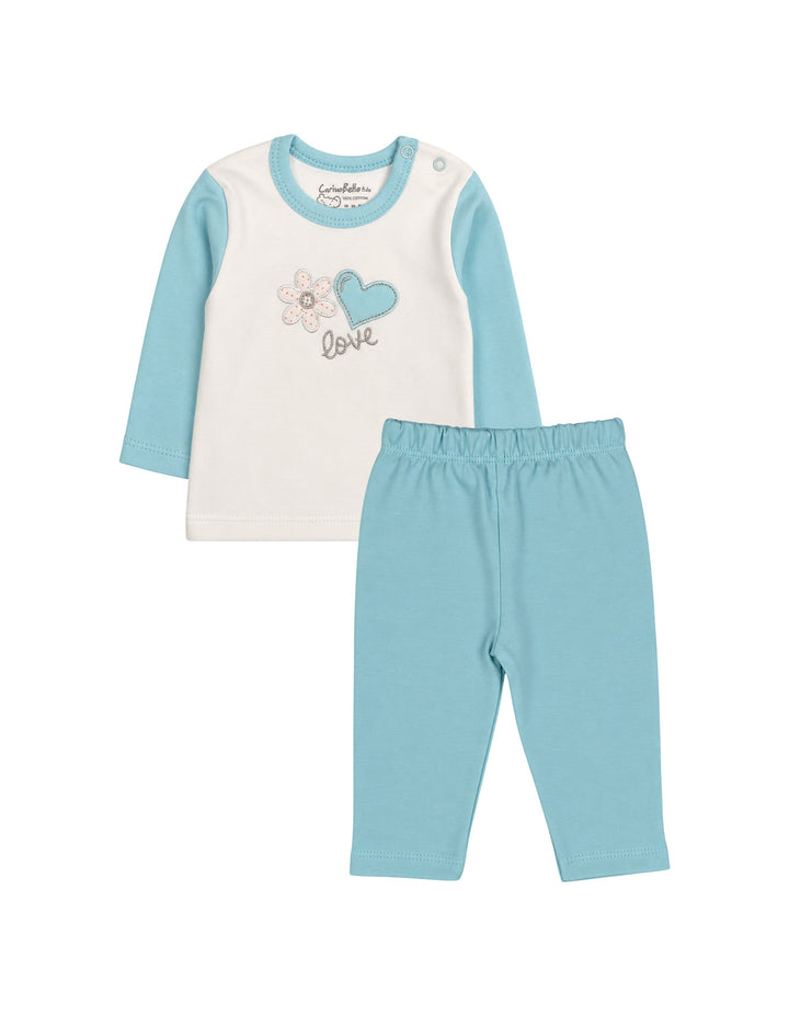 Baby Girls Winter 2 Piece Suit Embroidered Heart and Flower Mint Green and White at Zubaidas