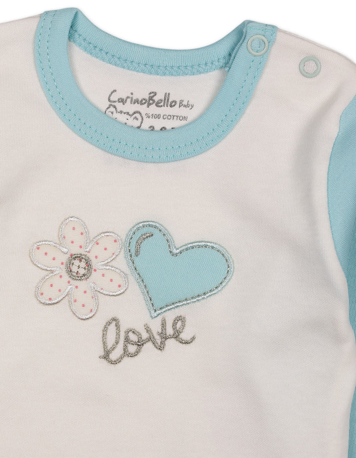 Baby Girls Winter 2 Piece Suit Embroidered Heart and Flower Mint Blue and White at Zubaidas Official Pakistan