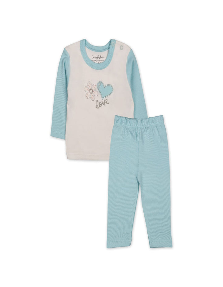 Baby Girls Winter 2 Piece Suit Embroidered Heart and Flower Mint Blue and White at Zubaidas