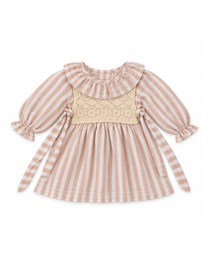 Baby Girls Winter Dress Elegant Lace and Striped Detailed Pink at Zubaidas