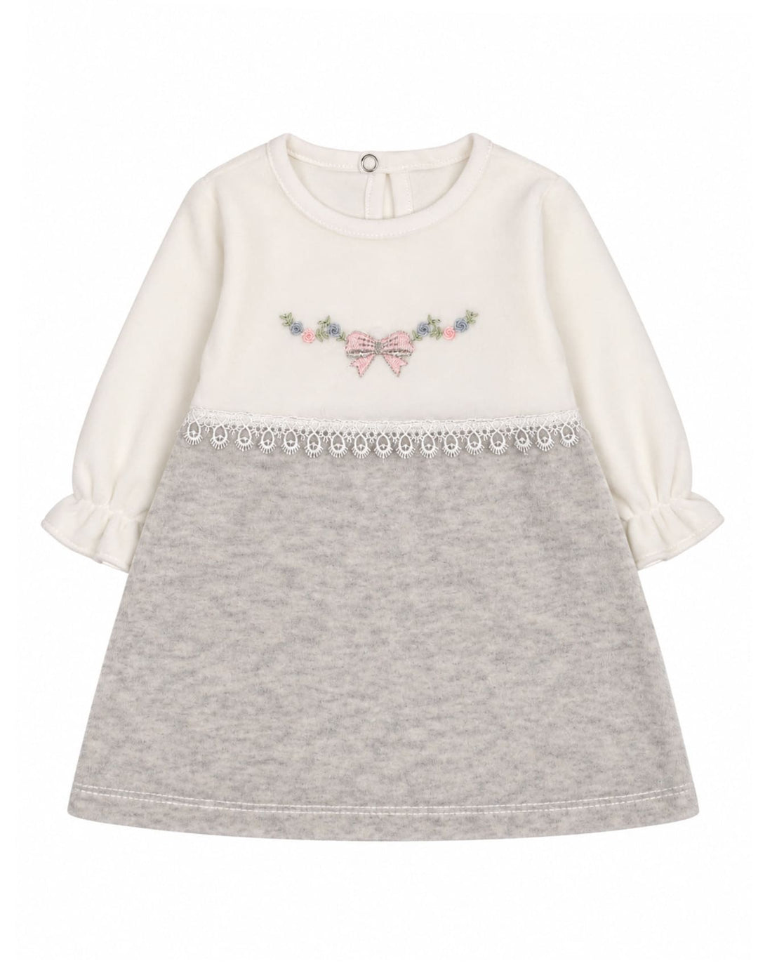 Baby Girls Winter Dress Embroidered Bow and Flowers Grey and White at Zubaidas