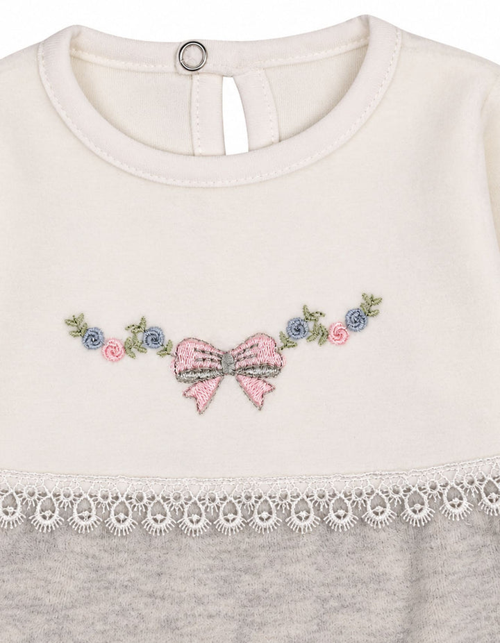 Baby Girls Winter Dress Embroidered Bow and Flowers Grey and White at Zubaidas Official Pakistan