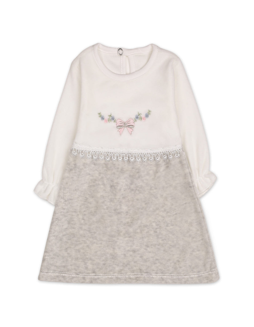 Baby Girls Winter Dress Embroidered Bow and Flowers Grey at Zubaidas