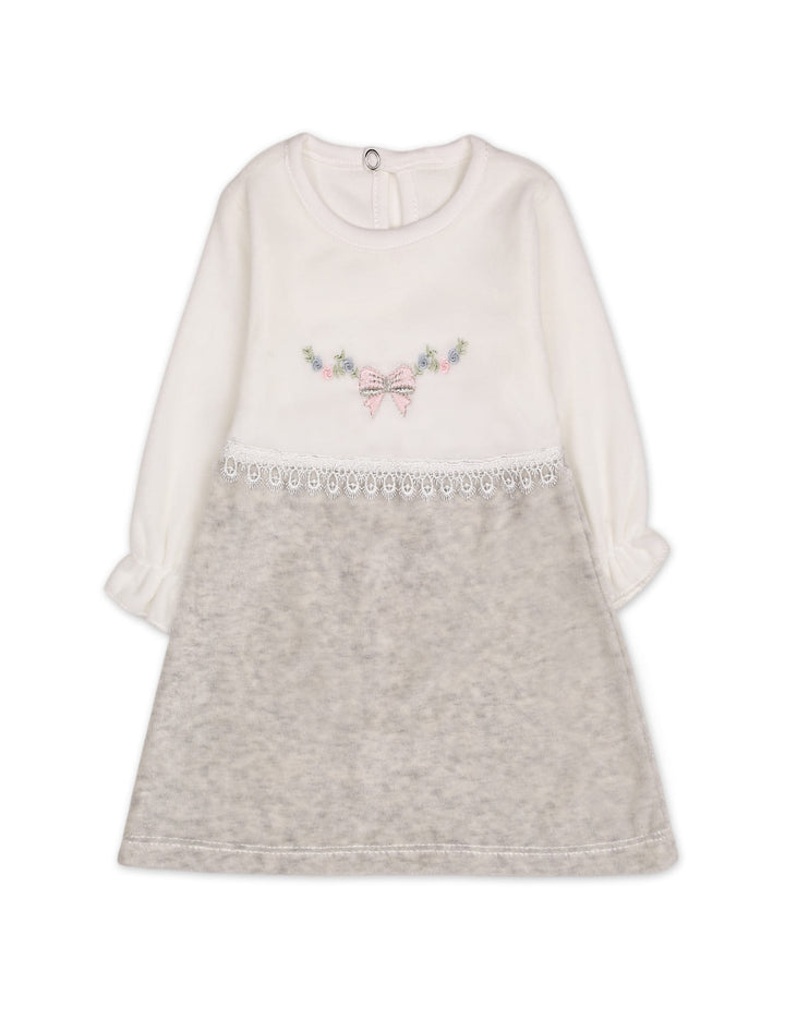 Baby Girls Winter Dress Embroidered Bow and Flowers Grey at Zubaidas