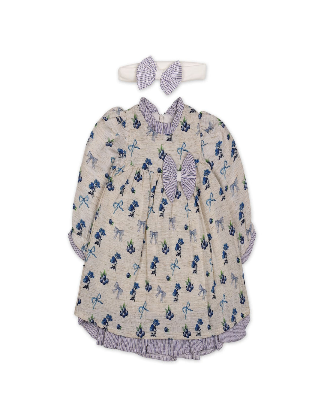 Baby Girls Winter Dress Floral and Bow Detailed Blue at Zubaidas