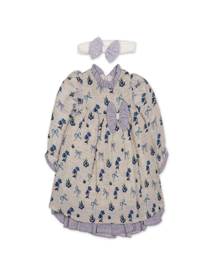 Baby Girls Winter Dress Floral and Bow Detailed Blue at Zubaidas