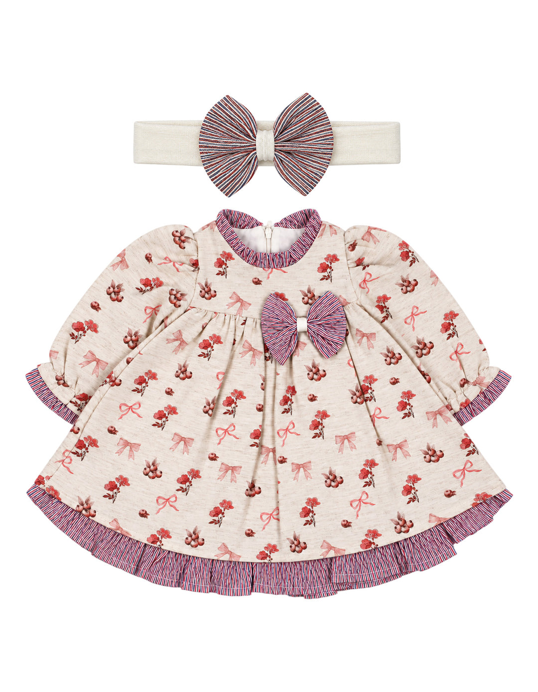 Baby Girls Winter Dress Floral and Bow Detailed Pink at Zubaidas