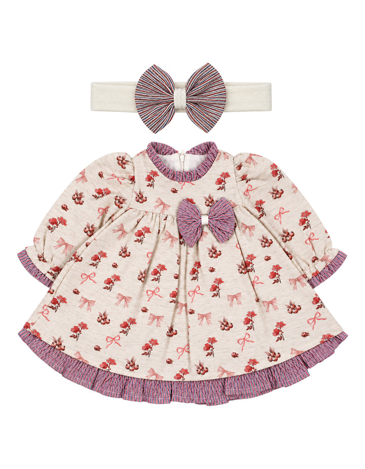 Baby Girls Winter Dress Floral and Bow Detailed Pink at Zubaidas