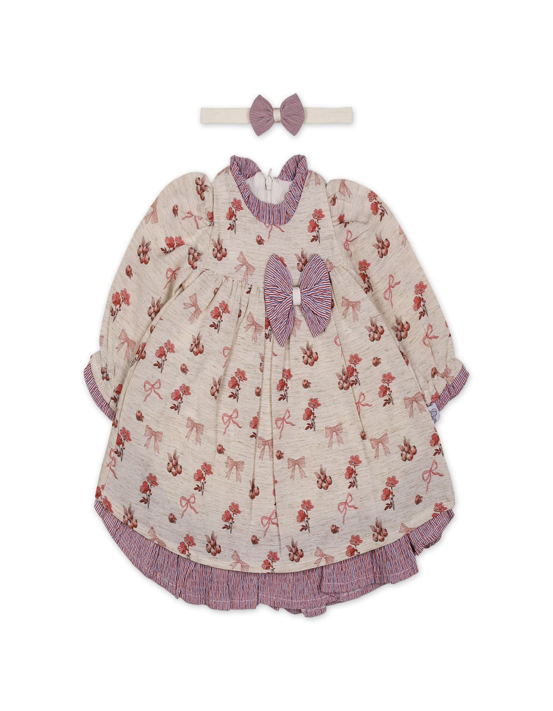Baby Girls Winter Dress Floral and Bow Detailed Pink at Zubaidas