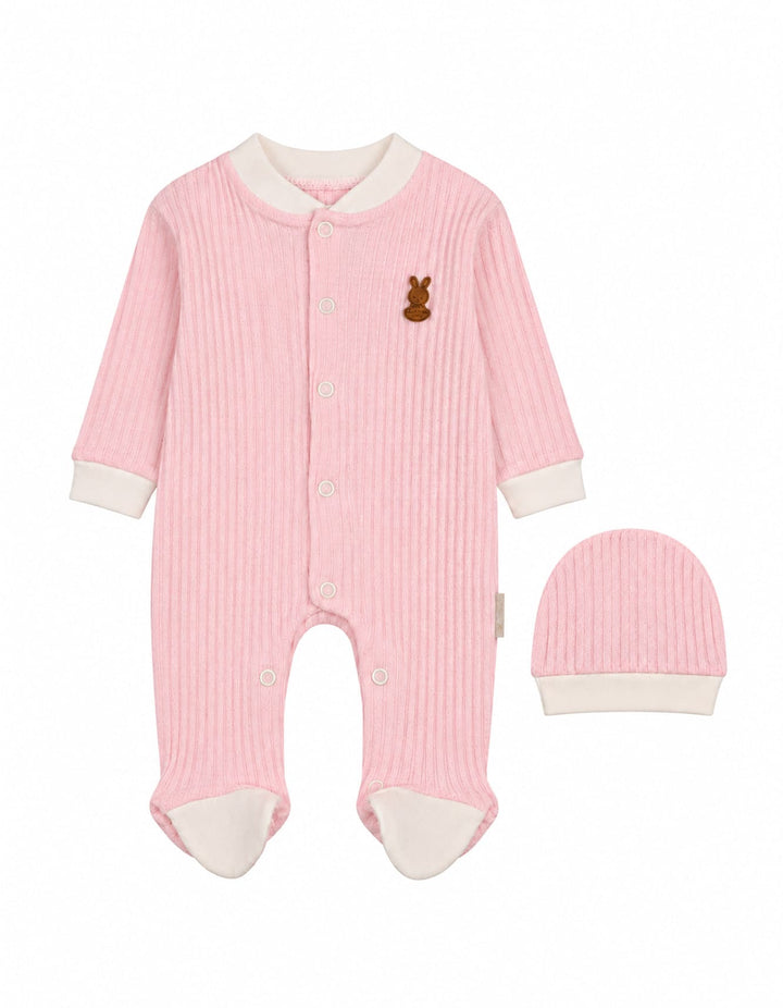 Baby Girls Winter Romper with Cap Bunny Applique Pink at Zubaidas
