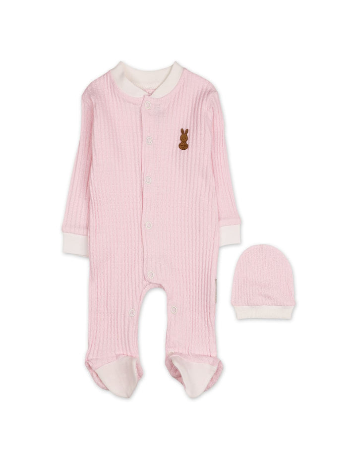 Baby Girls Winter Romper with Cap Bunny Applique Pink at Zubaidas