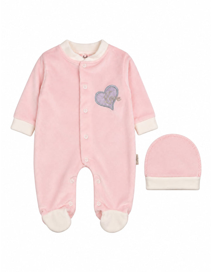 Baby Girls Winter Romper with Cap Embroidered Heart Applique Light Pink at Zubaidas