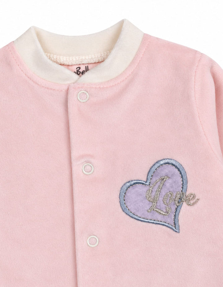 Baby Girls Winter Romper with Cap Embroidered Heart Applique Light Pink at Zubaidas Pakistan
