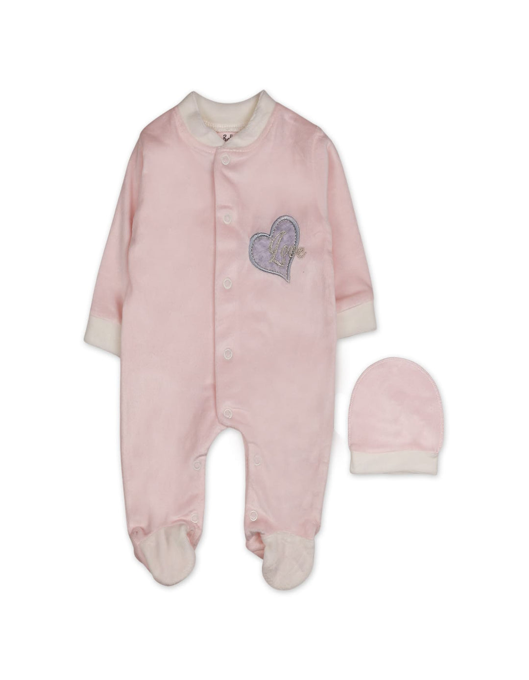 Baby Girls Winter Romper with Cap Embroidered Heart Applique Light Pink at Zubaidas