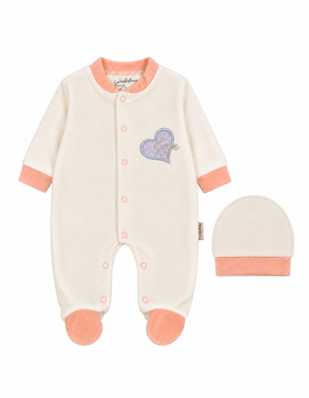 Baby Girls Winter Romper with Cap Embroidered Heart Applique Off White at Zubaidas