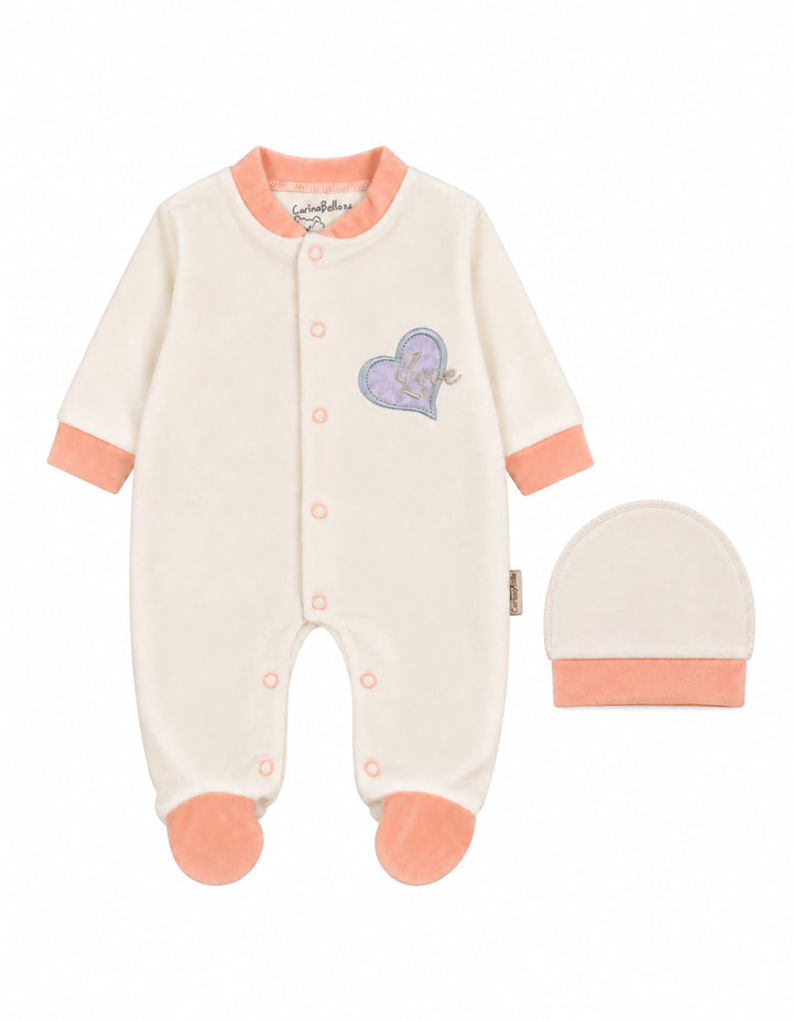 Baby Girls Winter Romper with Cap Embroidered Heart Applique Off White at Zubaidas