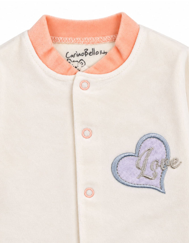 Baby Girls Winter Romper with Cap Embroidered Heart Applique Off White at Zubaidas Pakistan