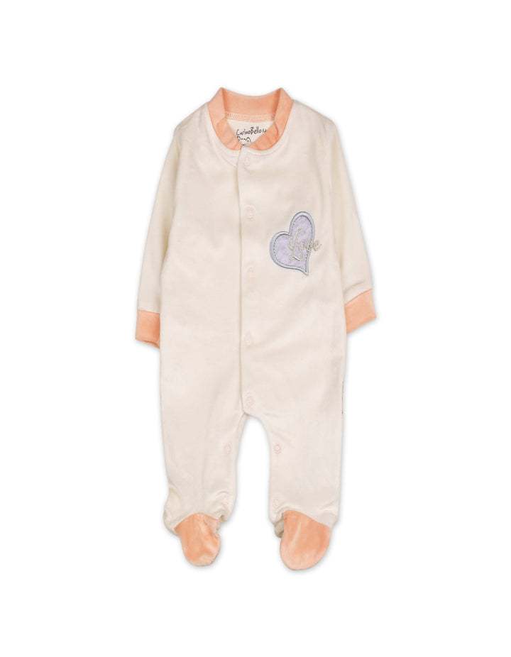Baby Girls Winter Romper with Cap Embroidered Hearts Applique Off White at Zubaidas Online Pakistan