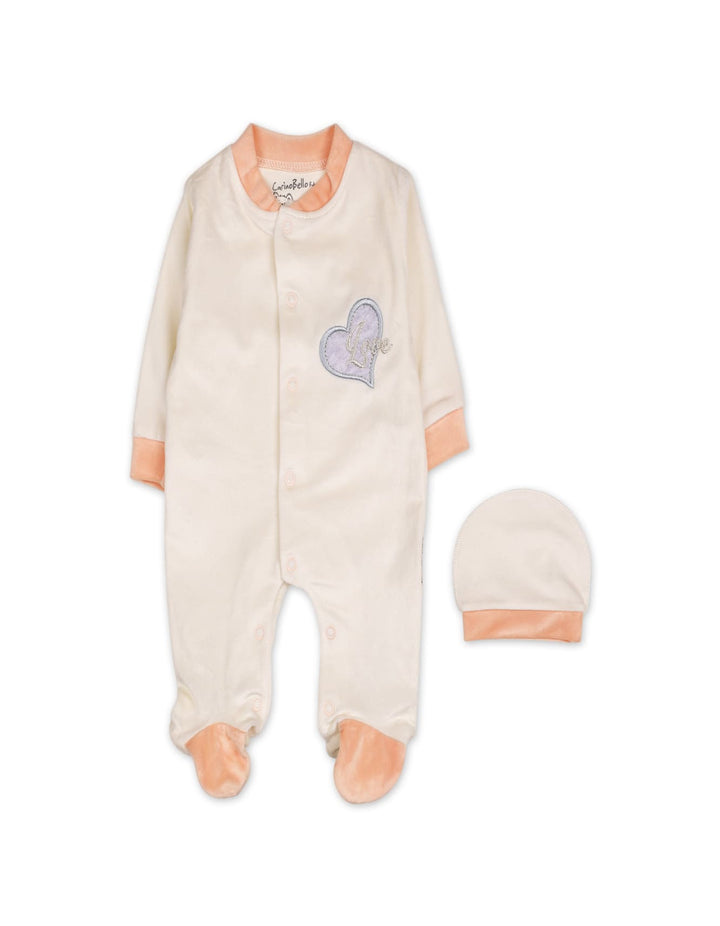 Baby Girls Winter Romper with Cap Embroidered Hearts Applique Off White at Zubaidas