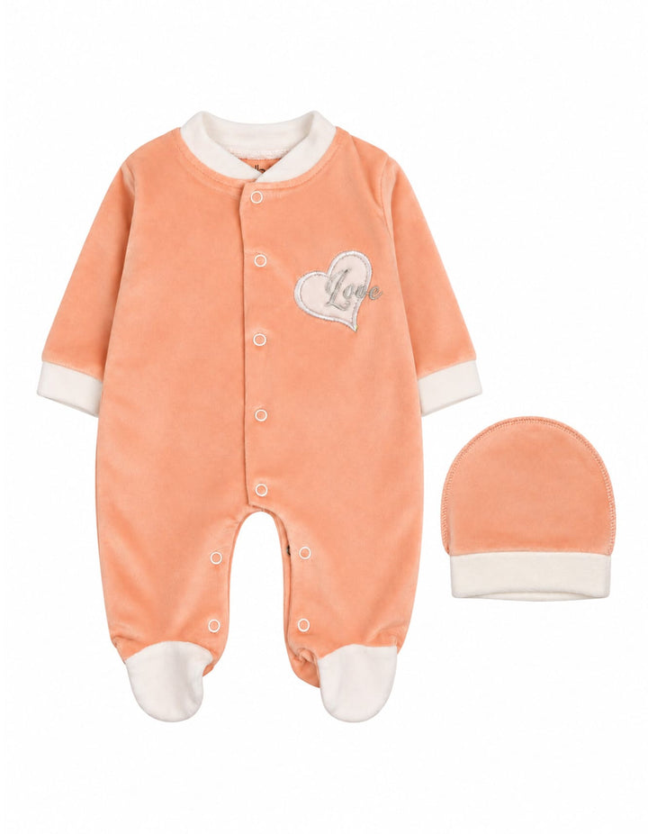 Baby Girls Winter Romper with Cap Embroidered Heart Applique Peach at Zubaidas