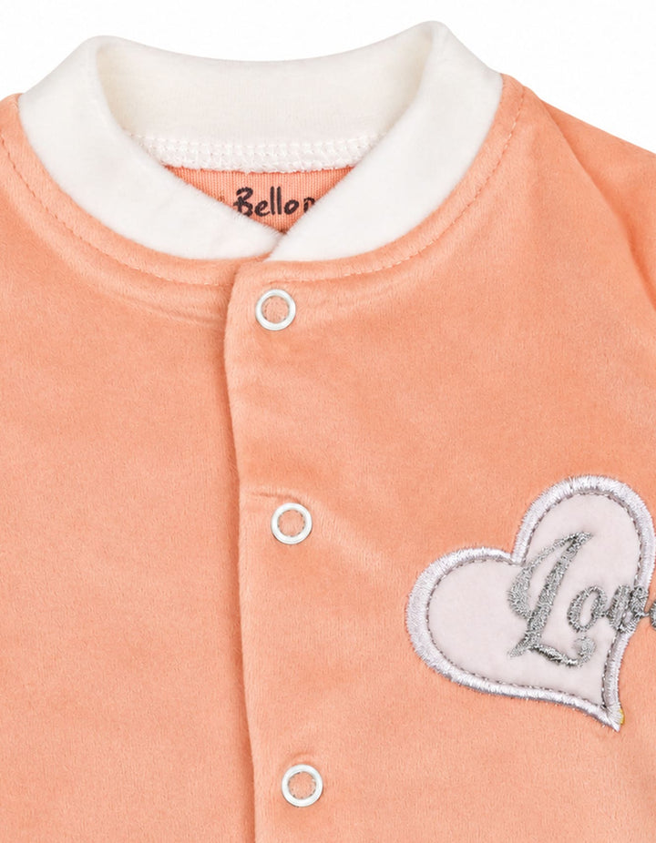 Baby Girls Winter Romper with Cap Embroidered Heart Applique Peach at Zubaidas Pakistan
