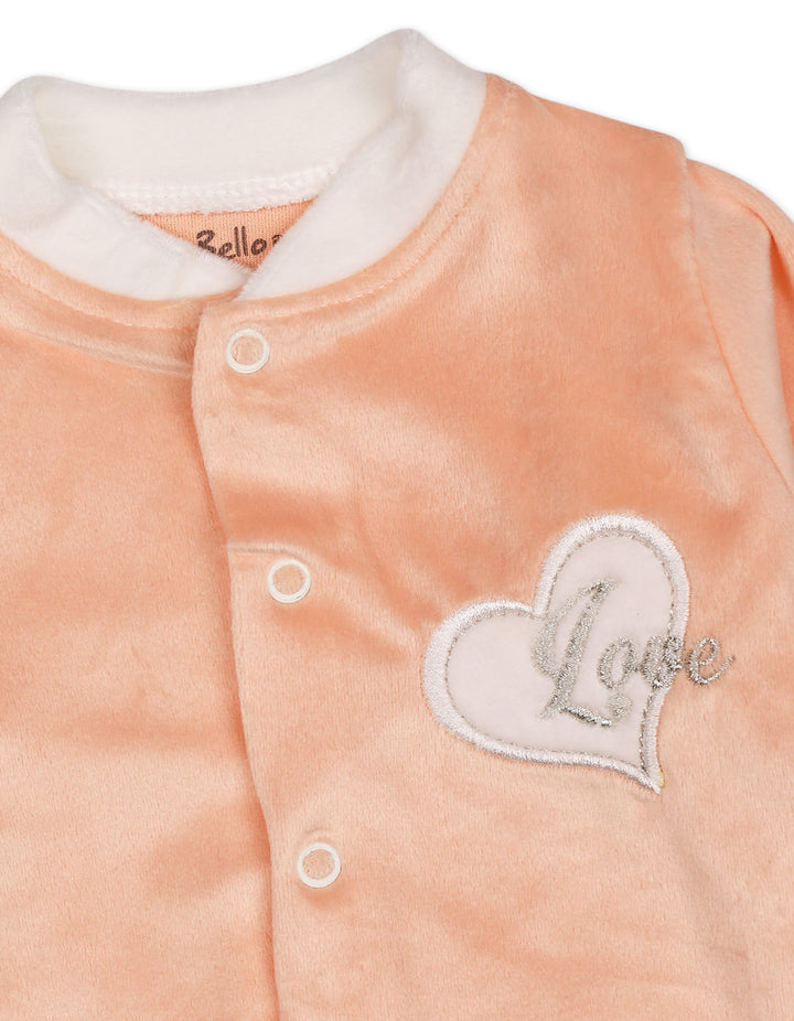 Baby Girls Winter Romper with Cap Embroidered Heart Applique Peach at Zubaidas Official Pakistan