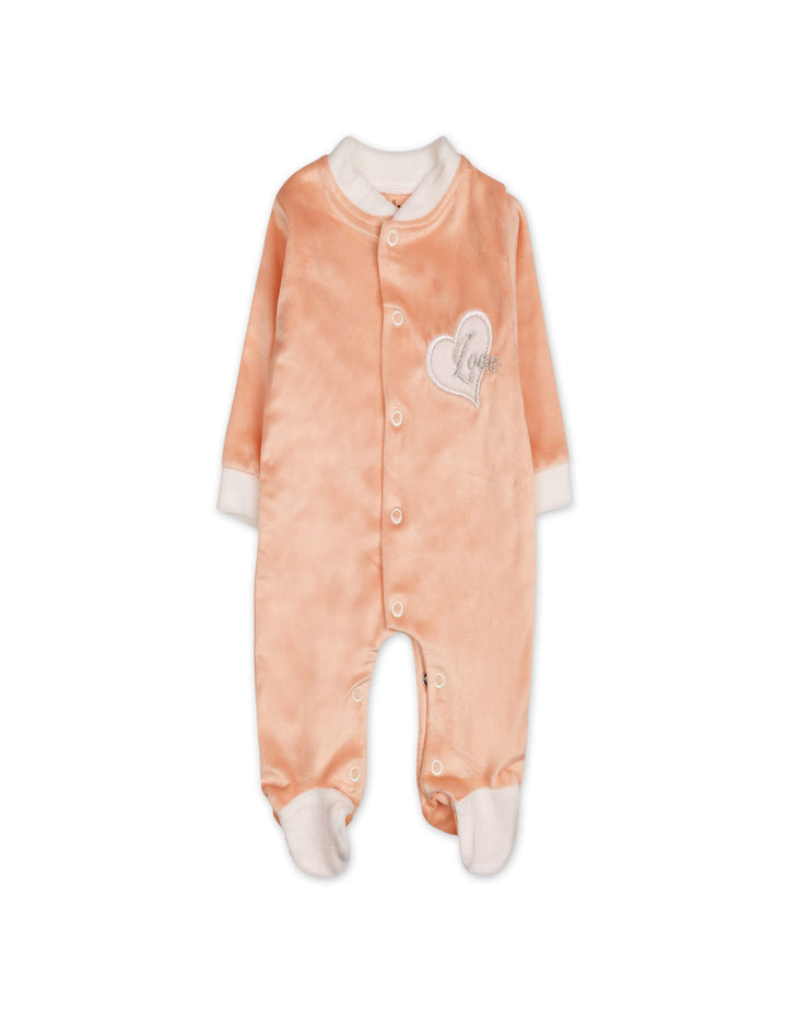 Baby Girls Winter Romper with Cap Embroidered Heart Applique Peach at Zubaidas Online Pakistan