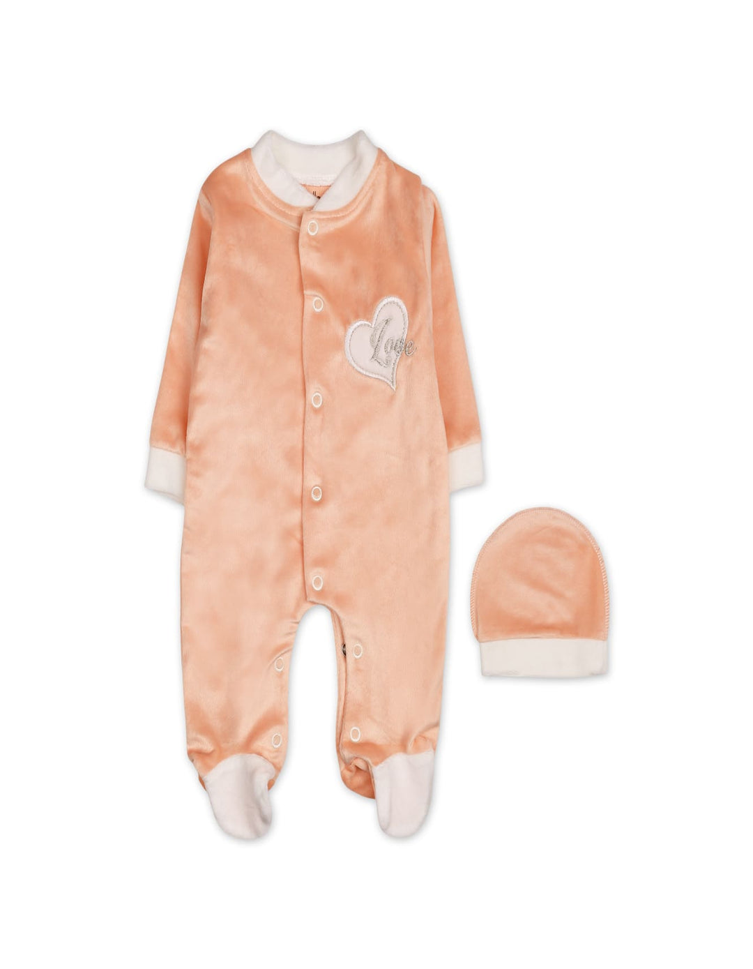 Baby Girls Winter Romper with Cap Embroidered Heart Applique Peach at Zubaidas