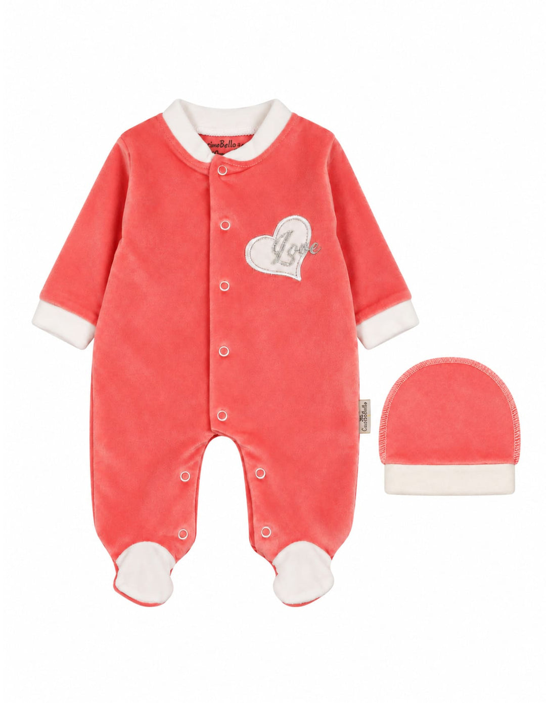 Baby Girls Winter Romper with Cap Embroidered Heart Applique Pink at Zubaidas
