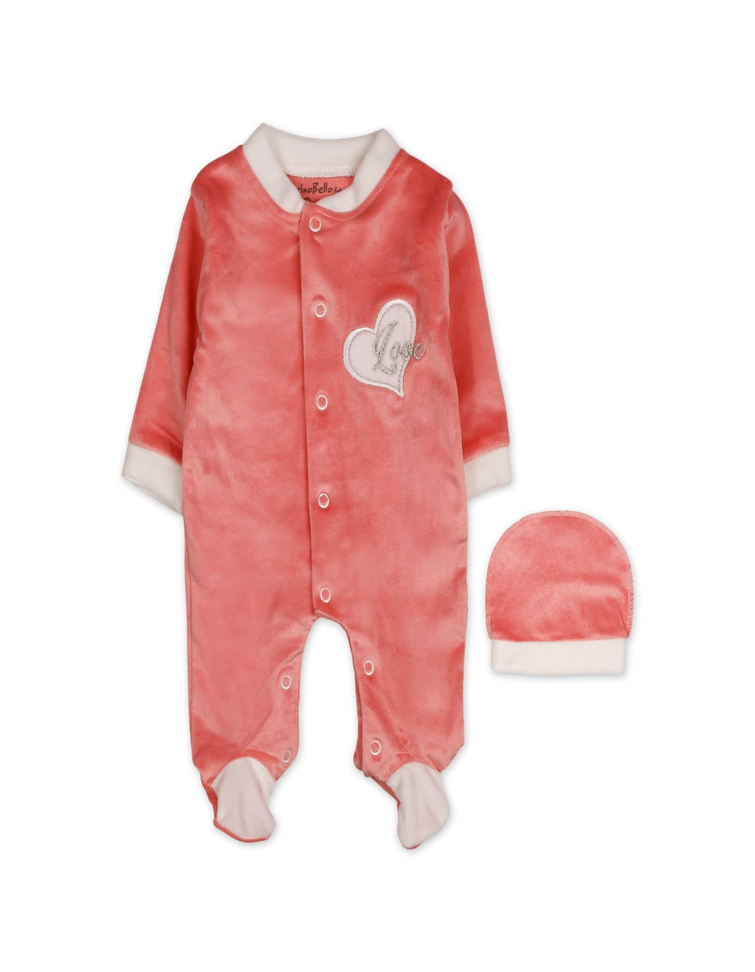 Baby Girls Winter Romper with Cap Embroidered Heart Applique Pink at Zubaidas