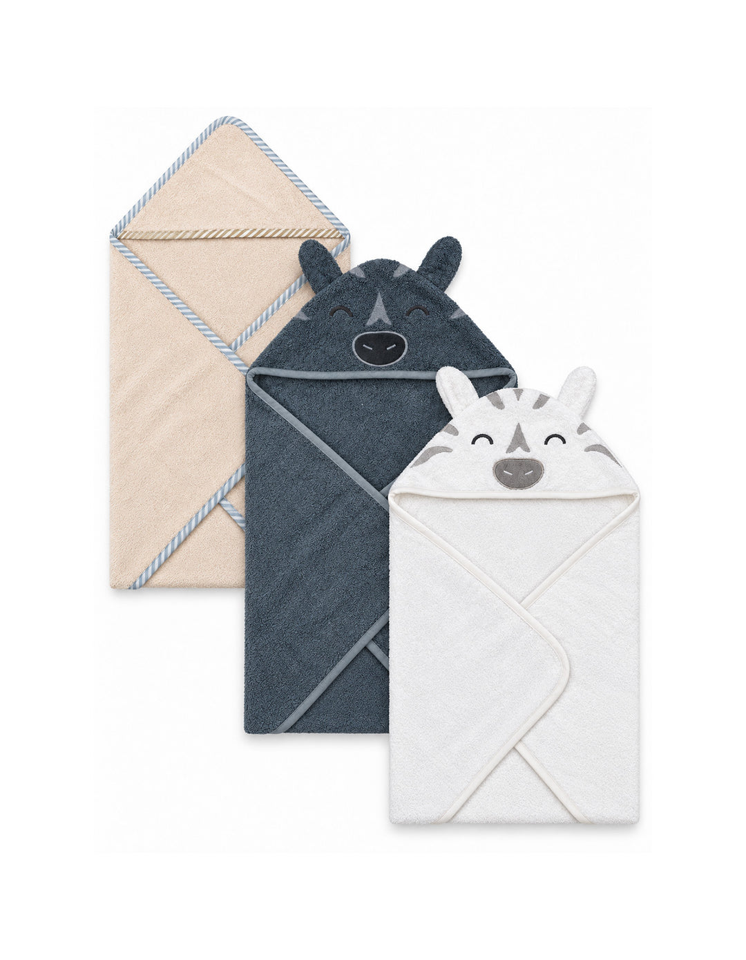 Baby Hooded Bath Towel Pack of 3 Animal and Striped Trim at Zubaidas