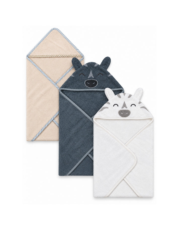 Baby Hooded Bath Towel Pack of 3 Animal and Striped Trim at Zubaidas