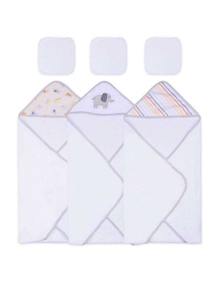 Baby Hooded Towel and Washcloth Set Elephant Grey and White at Zubaidas