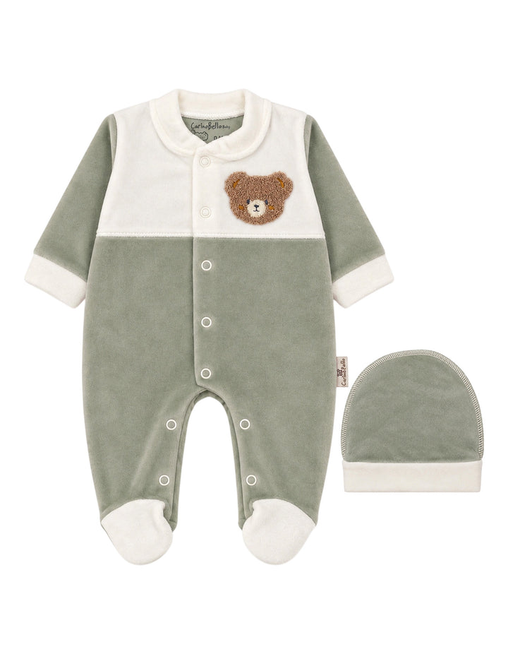 Baby Winter Romper with Cap Bear Green and White at Zubaidas