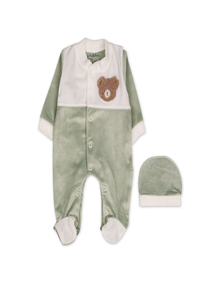 Baby Winter Romper with Cap Bear Green and White at Zubaidas