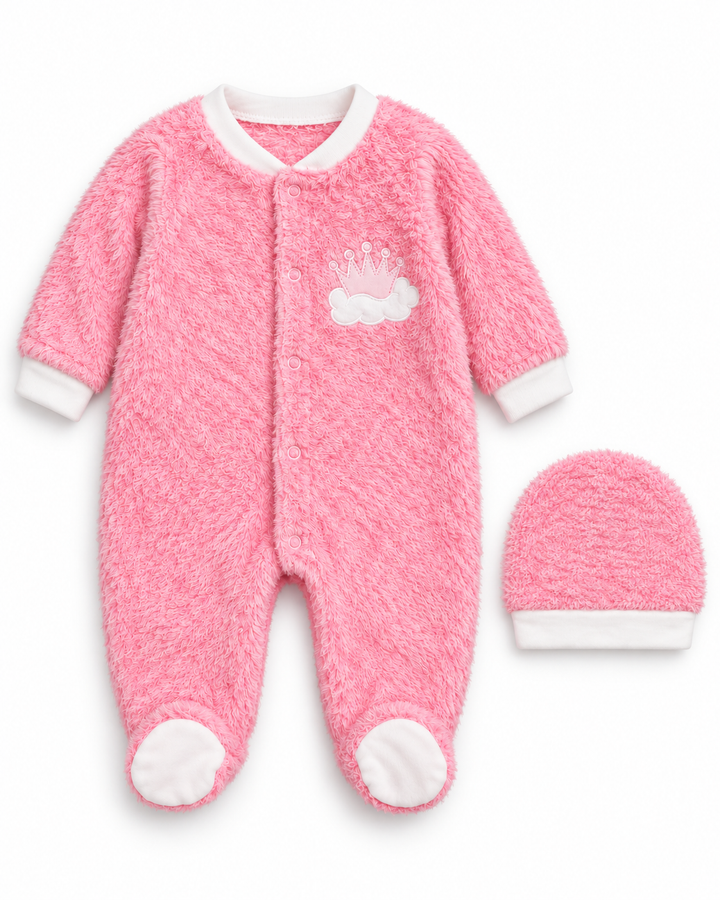 Infant Girl Winter Sleep Suit with Cap Crown and Cloud Pink at Zubaidas