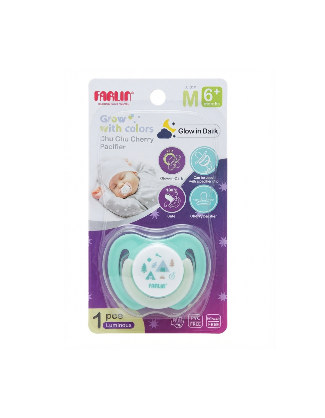 Farlin Newborn Glow-in-Dark Pacifier 6M+ Green - BA-10020-B at Zubaidas