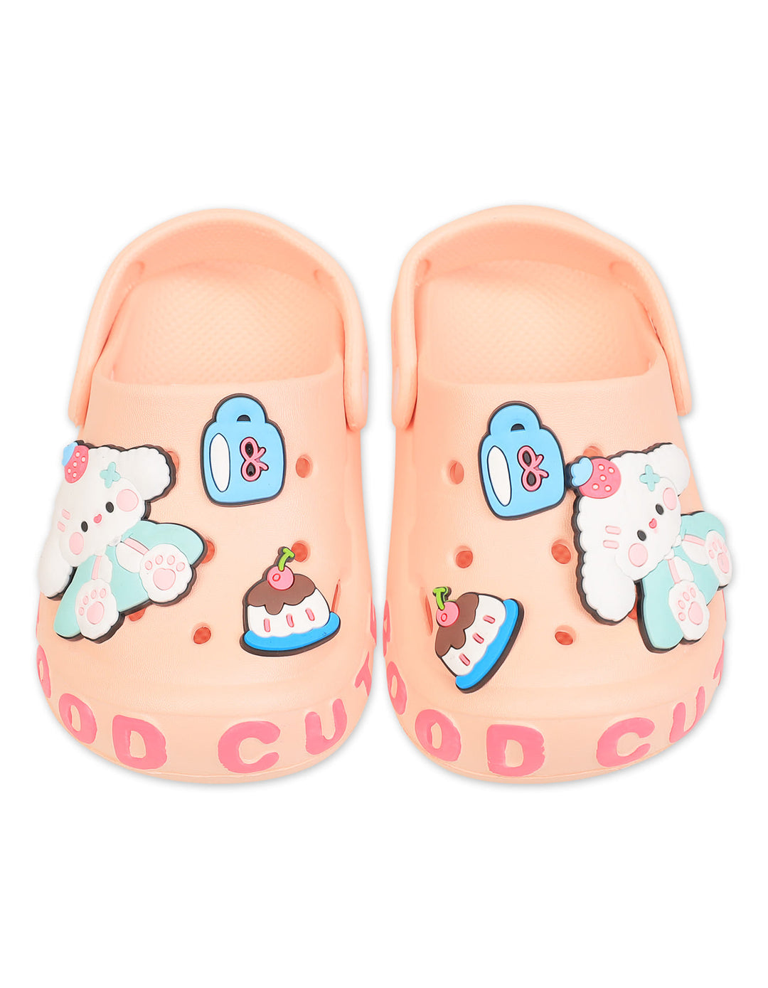 Girl Crocs with Bunny and Sweet Treats Charms Peach at Zubaidas Best baby Shop Pakistan