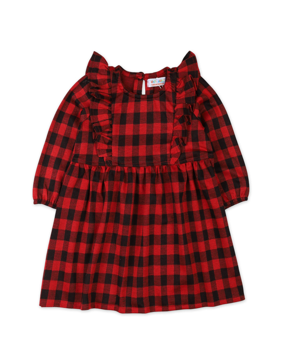 Girls Casual Dress Bambies Ruffle Shoulder Plaid Red and Black at Zubaidas