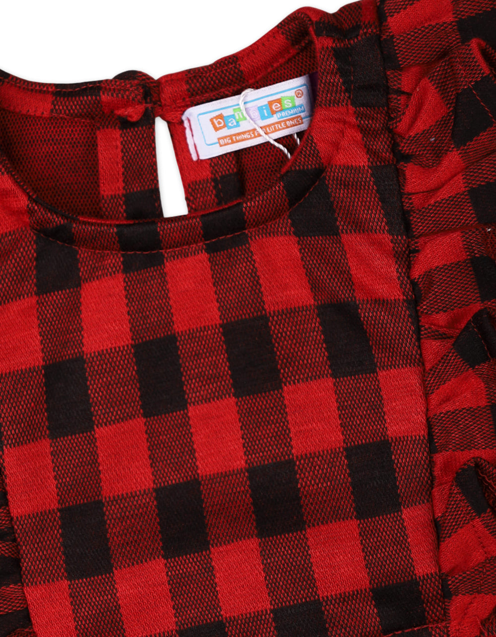 Girls Casual Dress Bambies Ruffle Shoulder Plaid Red and Black at Zubaidas Pakistan