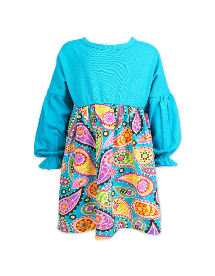 Girls Party Dress Bambies Cyan Bodice with Colorful Paisley Print at Zubaidas