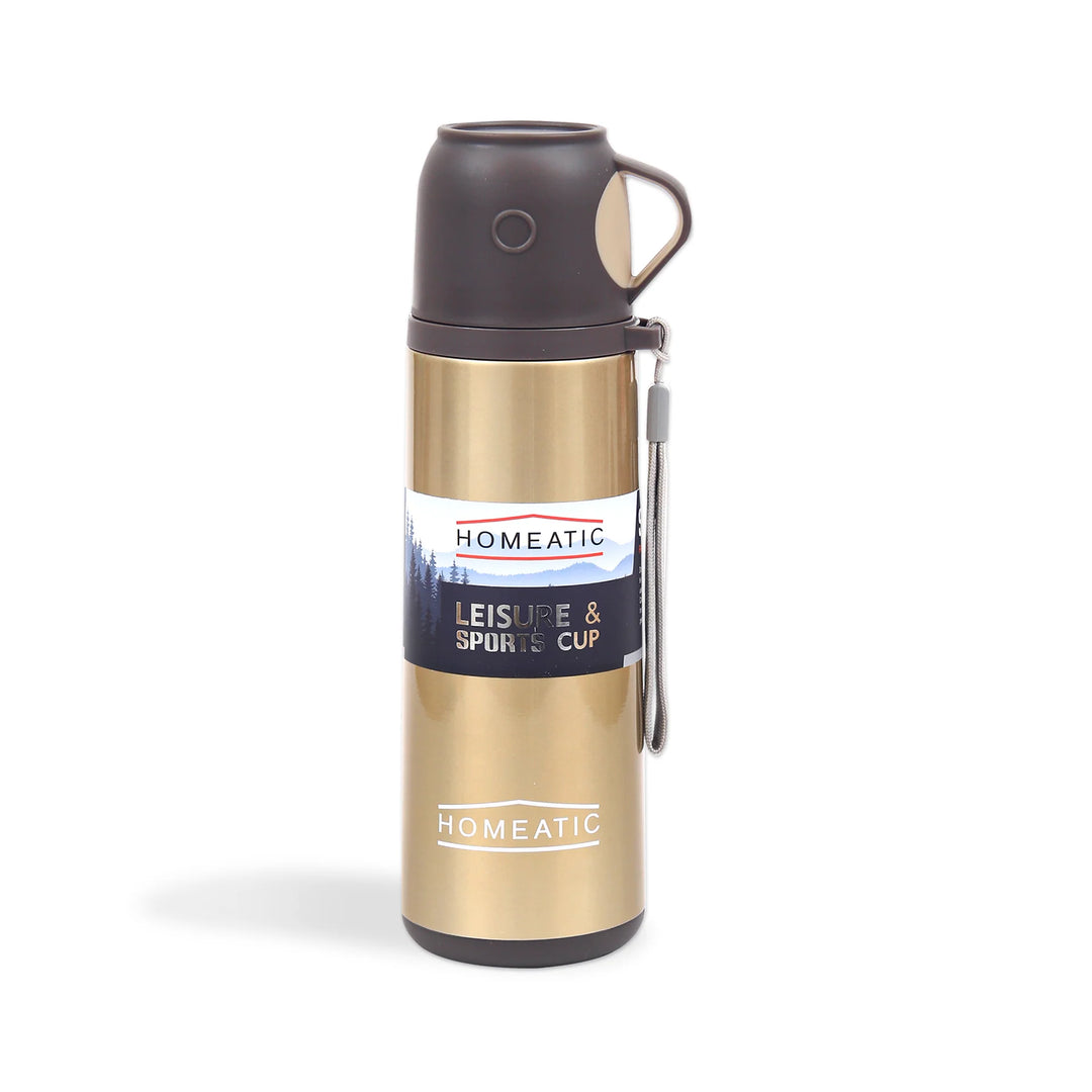 Homeatic Flask with Integrated Cup Lid 500ML Golden Steel Water Bottle at Zubaidas